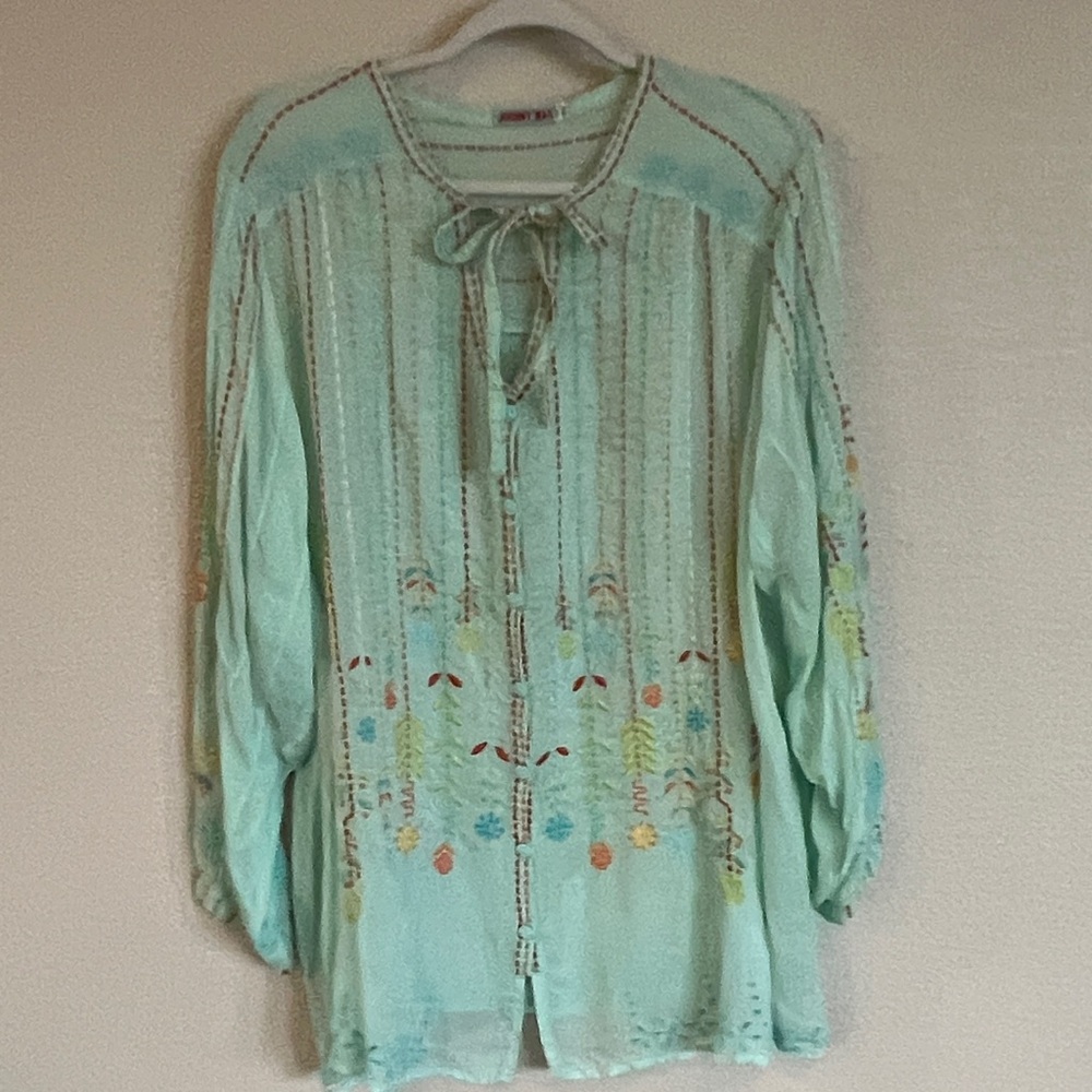 Johnny Was Light Green Embroidered Blouse